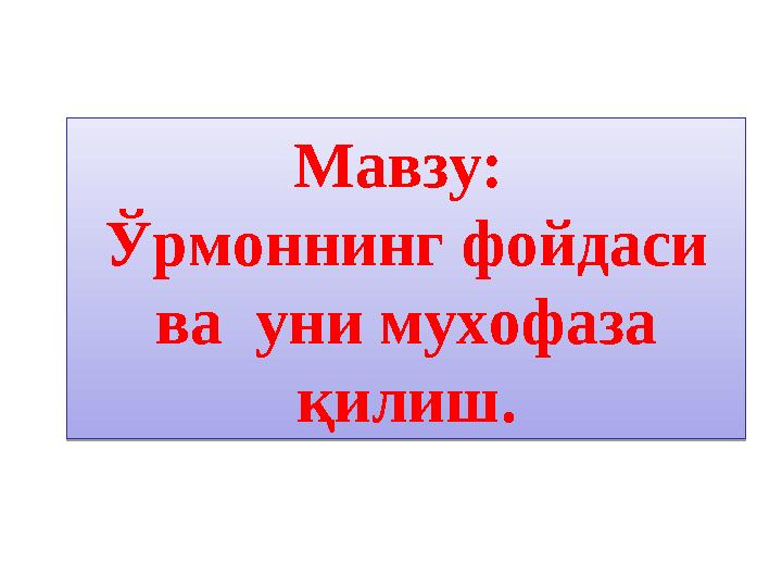 Мавзу: Ўрмоннинг фойдаси ва уни мухофаза қилиш. Мавзу: Ўрмоннинг фойдаси ва уни мухофаза қилиш.