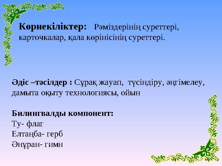 Көрнекіліктер: Рәміздерінің суреттері, карточкалар, қала көрінісінің суреттері. Әдіс – тәсілдер : Сұрақ жауап, түсіндіру