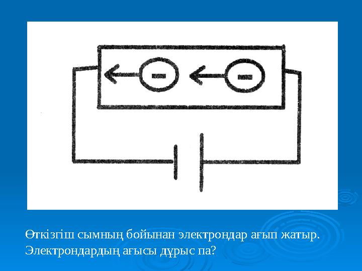 Өткізгіш сымның бойынан электрондар ағып жатыр. Электрондардың ағысы дұрыс па?