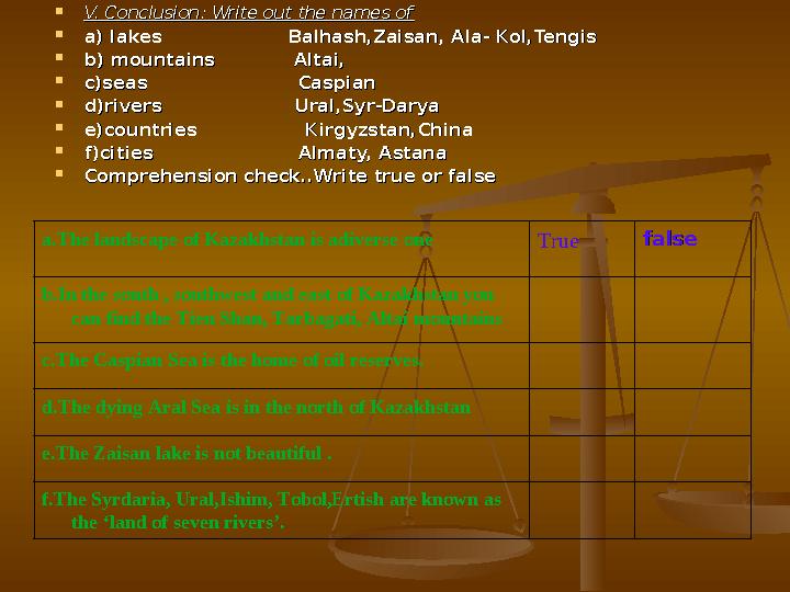  V. Conclusion: Write out the names ofV. Conclusion: Write out the names of  a) lakes Balhash,Zaisan, Ala-