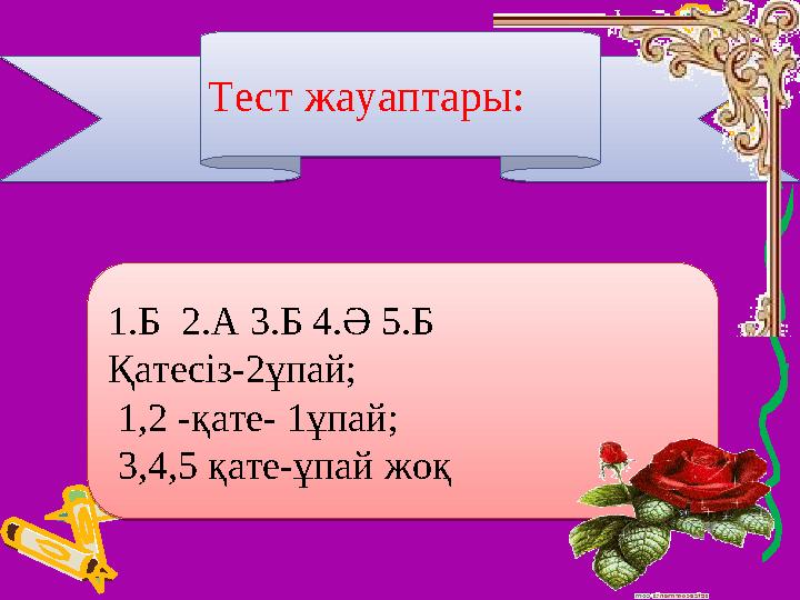 Тест жауаптары: Тест жауаптары: 1.Б 2.А 3.Б 4.Ә 5.Б Қатесіз-2ұпай; 1,2 -қате- 1ұпай; 3,4,5 қате-ұпай жоқ 1.Б 2.А 3.Б 4