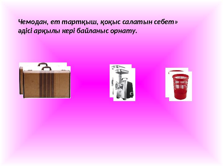 Чемодан, ет тартқыш, қоқыс салатын себет» әдісі арқылы кері байланыс орнату. Чемодан, ет тартқыш, қоқыс салатын себет» әдісі арқылы кері байланыс орнату.