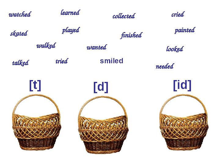 [t] [d] [id]watched played skated walked learned wanted talked tried collected finished cried painted looked smiled needed