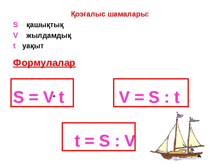 Формулалар S = V t V = S : t t = S : VҚозғалыс шамалары : S – қашықтық V – жылдамдық t - уақыт