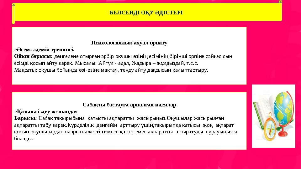 БЕЛСЕНДІ ОҚУ ӘДІСТЕРІ Психологиялық ахуал орнату «Әсем- әдемі» тренингі. Ойын барысы: дөңгелене отырған әрбір оқушы өзінің есі