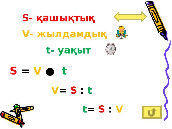 S- қашықтық V- жылдамдық t- уақыт S = V ● t V= S : t t= S : V