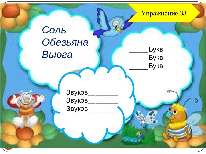 20 звуковзза Соль Обезьяна Вьюга _____Букв _____Букв _____Букв Звуков________ Звуков________ Звуков________ Упражнение 33