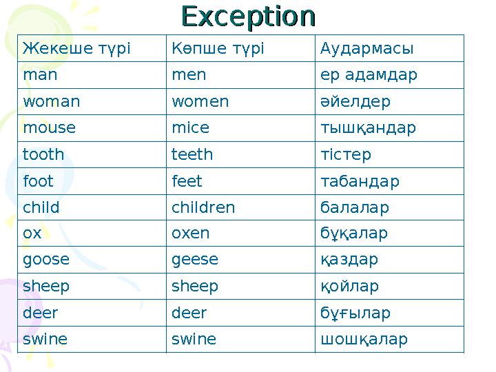 ExceptionException Жекеше түрі Көпше түрі Аудармасы man men ер адамдар woman women әйелдер mouse mice тышқандар tooth teeth т