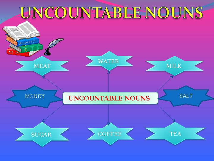 UNCOUNTABLE NOUNS MEAT WATER MILK SUGAR COFFEE TEA MONEY SALT