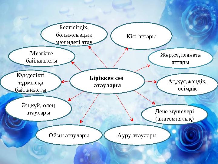 Жер,су,планета аттары Дене мүшелері (анатомиялық)Кісі аттары Аң,құс,жәндік, өсімдікБіріккен сөз атаулары Ауру атауларыБелгіс