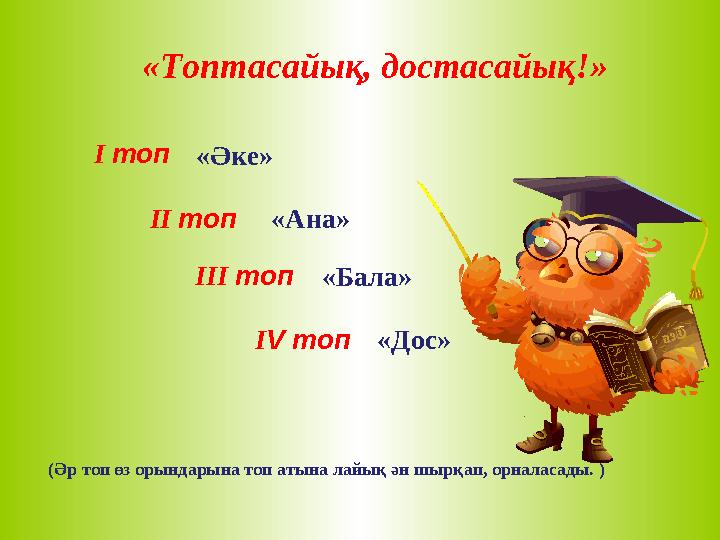 «Топтасайық, достасайық!» «Әке» І топ ІІ топ ІІІ топ І V топ«Ана» «Бала» «Дос» (Әр топ өз орындарына топ атына лайық ән