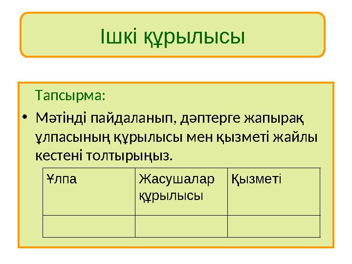 Ішкі құрылысы Тапсырма: • Мәтінді пайдаланып, дәптерге жапырақ ұлпасының құрылысы мен қызметі жайлы кестені толтырыңыз. Ұлпа