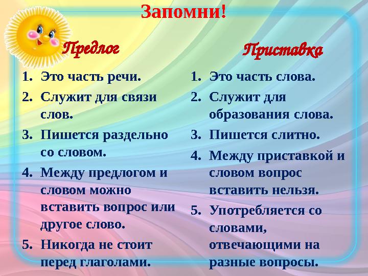 Запомни! 1. Это часть речи. 2. Служит для связи слов. 3. Пишется раздельно со словом. 4. Между предлогом и словом можно вста