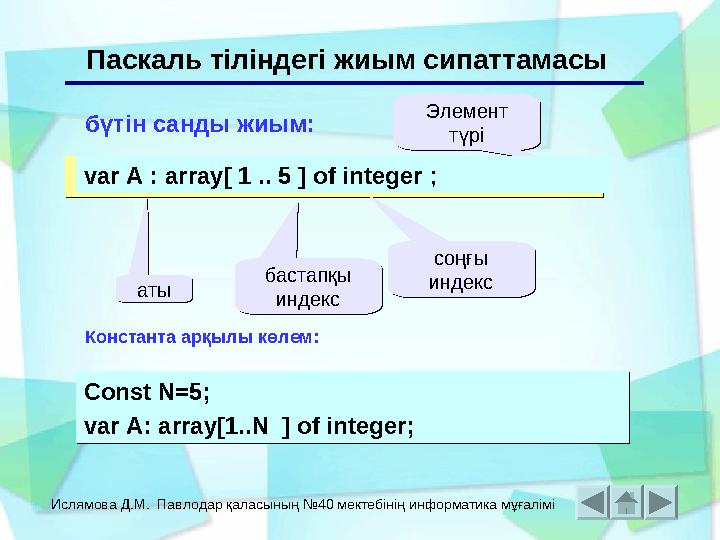 Ислямова Д.М. Павлодар қаласының №40 мектебінің информатика мұғалімі Паскаль тіліндегі жиым сипаттамасы бүтін с