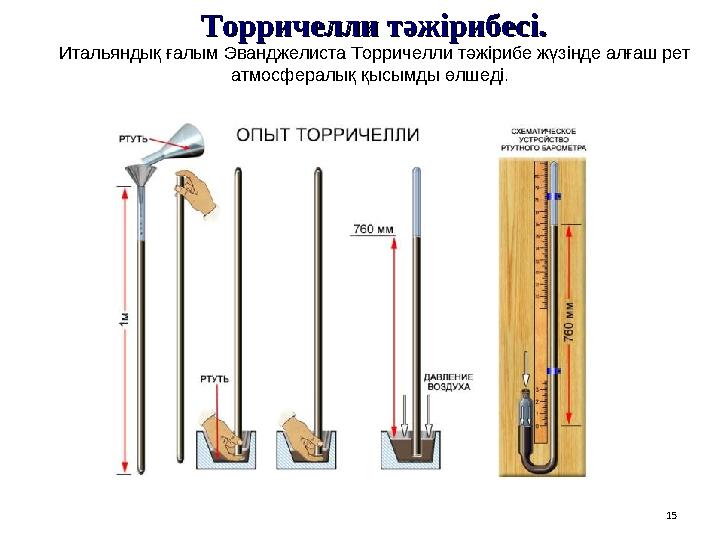 15 Торричелли тәжірибесі.Торричелли тәжірибесі. Итальяндық ғалым Эванджелиста Торричелли тәжірибе жүзінде алғаш рет атмосфе