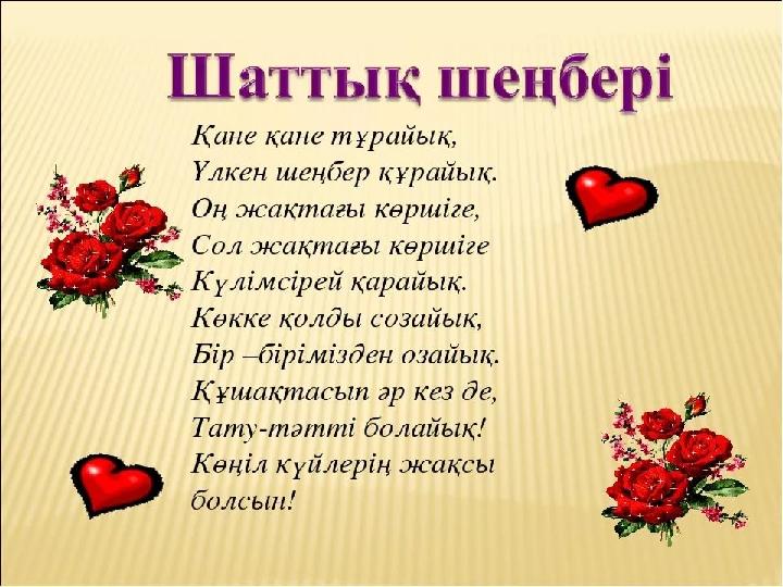 Шаттық шеңберіШаттық шеңбері Әкел ,досым, қолыңды,Әкел ,досым, қолыңды, Татуласқан орынды.Татуласқан орынды. Өкпелесіп не керек,