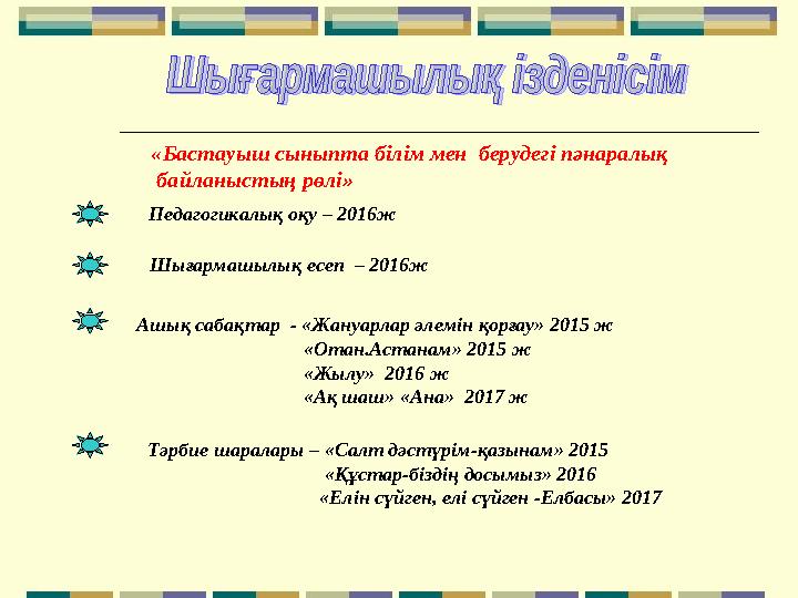 «Бастауыш сыныпта білім мен берудегі пәнаралық байланыстың рөлі» Педагогикалық оқу – 2016ж Ашық сабақтар - «Жануарлар әлемі