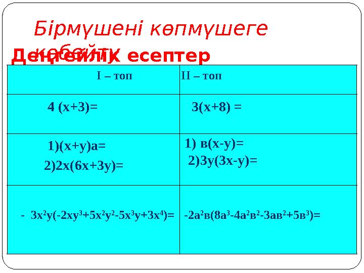 Бірмүшені көпмүшеге көбейтуДеңгейлік есептер шығарыңдар: І – топ ІІ – топ 4 (х+3)= 3(