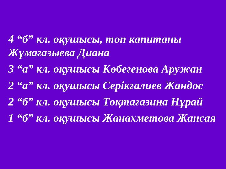 4 “б” кл. оқушысы, топ капитаны Жұмағазыева Диана 3 “а” кл. оқушысы Көбегенова Аружан 2 “а” кл. оқушысы Серікғалиев Жа