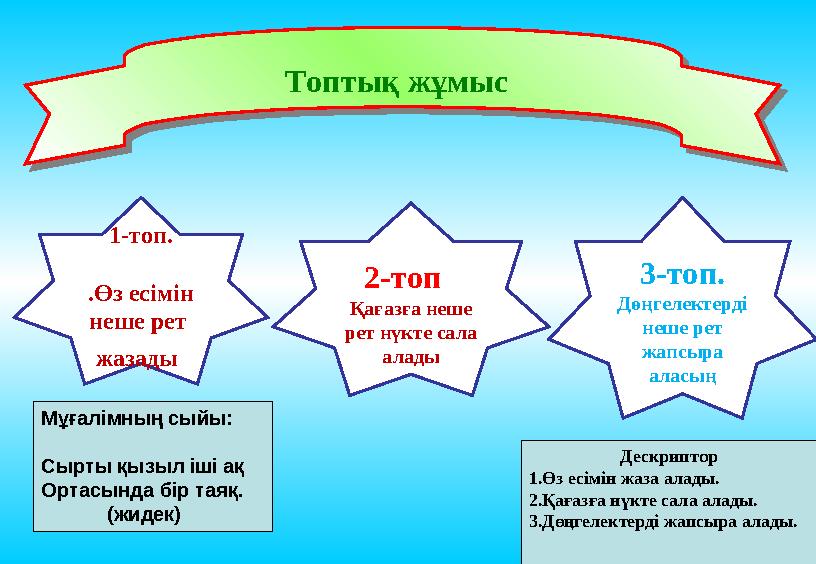 2-топ Қағазға неше рет нүкте сала алады1-топ. .Өз есімін неше рет жазады 3-топ. Дөңгелектерді