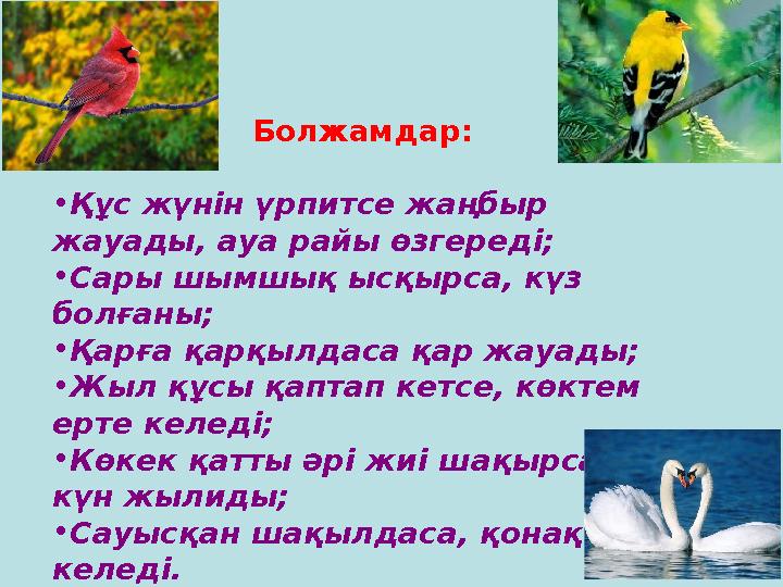 Болжамдар: •Құс жүнін үрпитсе жаңбыр жауады, ауа райы өзгереді; •Сары шымшық ысқырса, күз болғаны; •Қарға қарқылдаса қар жауад