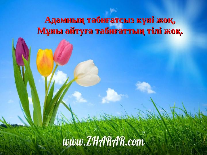 Адамның табиғатсыз күні жоқ,Адамның табиғатсыз күні жоқ, Мұны айтуға табиғаттың тілі жоқ.Мұны айтуға табиғаттың тілі жоқ.