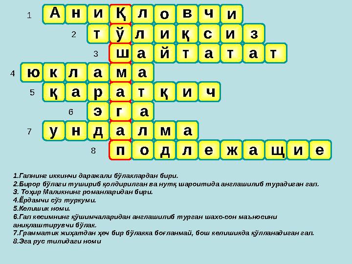 1 2 3 4 5 6 7 8 1.Гапнинг иккинчи даражали бўлаклардан бири. 2.Бирор бўлаги тушириб қолдирилган ва нутқ шароитида англашилиб тур