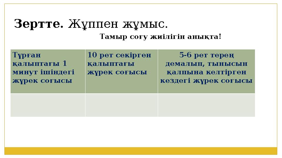 Зертте. Жұппен жұмыс. Тамыр соғу жиілігін анықта! Түрған қалыптағы 1 минут ішіндегі жүрек соғысы 10 рет секірген қалыптағы