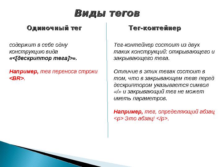 Виды теговВиды тегов Одиночный тегОдиночный тег Тег-контейнерТег-контейнер содержит в себе одну конструкцию вида «<[дескрипто