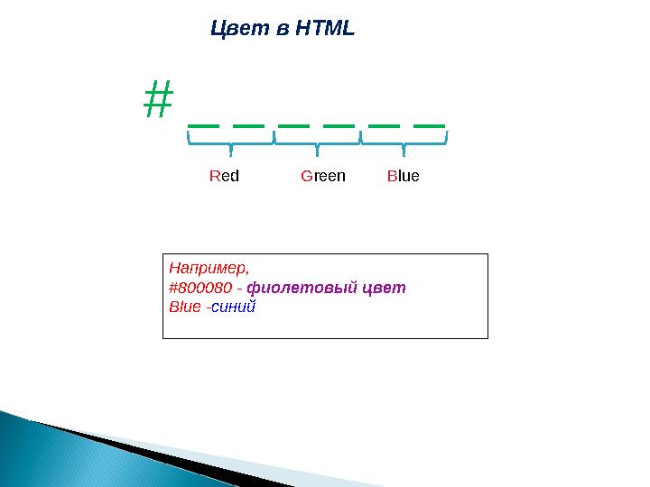 # _ _ _ _ _ _ Red Green Blue Цвет в HTML Например, #800080 - фиолетовый цвет Blue -синий