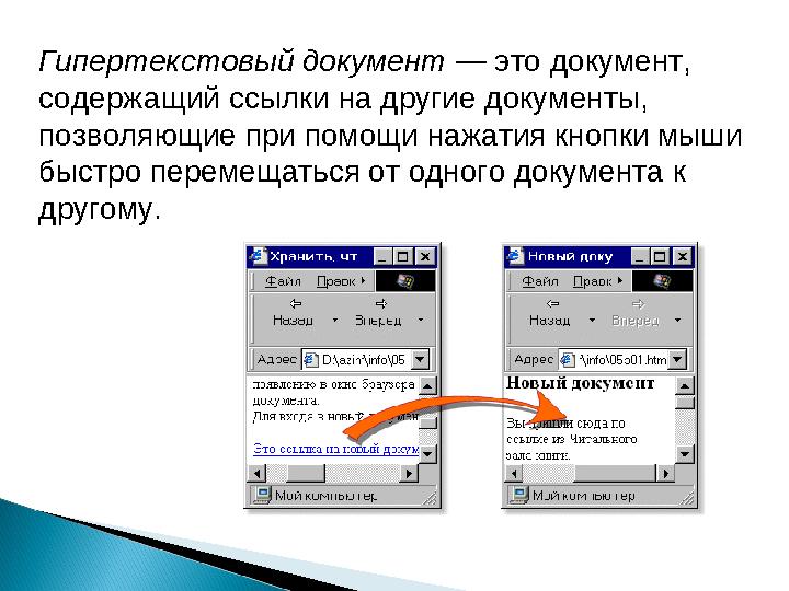 Гипертекстовый документ — это документ, содержащий ссылки на другие документы, позволяющие при помощи нажатия кнопки мыши бы