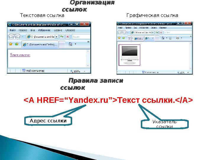 ОрганизацияОрганизация ссылокссылок Текстовая ссылкаТекстовая ссылка Графическая ссылкаГрафическая ссылка Правила записи Прави