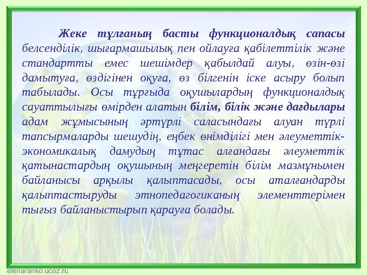 Жеке тұлғаның басты функционалдық сапасы белсенділік, шығармашылық пен ойлауға қабілеттілік және стандартты емес шешімдер қабы