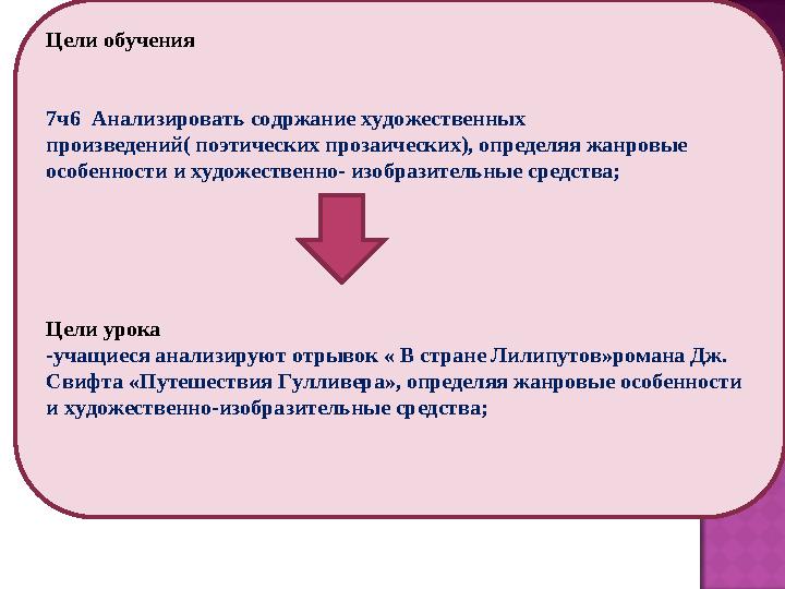 Цели обучения: Цели обучения: Цели обучения 7ч6 Анализировать содржание художественных произведений( поэтических прозаических)