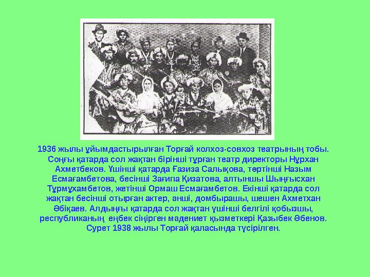 1936 жылы ұйымдастырылған Торғай колхоз-совхоз театрының тобы. Соңғы қатарда сол жақтан бірінші тұрған театр директоры Нұрхан