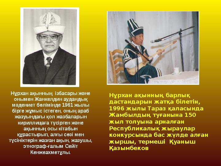 Нұрхан ақынның ізбасары және онымен Жанкелдин аудандық мәдениет бөлімінде 1961 жылы бірге жұмыс істеген, оның араб жазуында