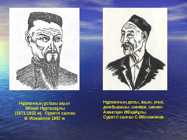 Нұрханның ұстазы ақын Әбіқай Нұртазаұлы (1871-1932 ж). Суретті салған Ә. Исмайлов 1957 ж Нұрханның досы, ақын, әнші, домбыр