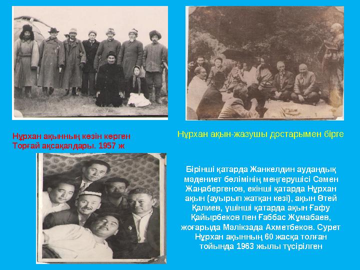Нұрхан ақынның көзін көрген Торғай ақсақалдары. 1957 ж Нұрхан ақын-жазушы достарымен бірге Бірінші қатарда Жанкелдин аудандық