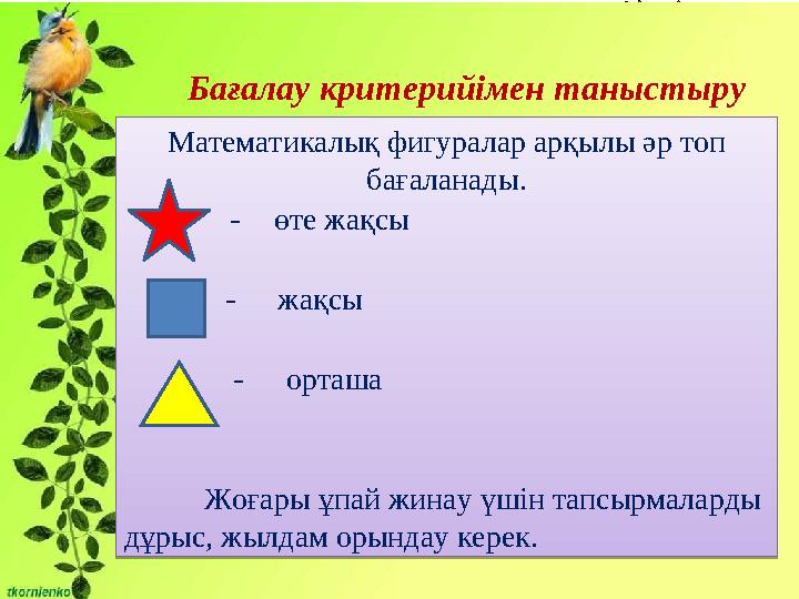 Бағалау критерийімен таныстыруМатематикалық фигуралар арқылы әр топ бағаланады. - өте жақсы - жақсы