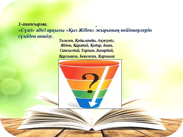 .1-тапсырма. «Сүзгі» әдісі арқылы «Қыз Жібек» жырының кейіпкерлерін сүзгіден өткізу. Төлеген, Қобыланды, Ақжүніс, Жібек, Қара