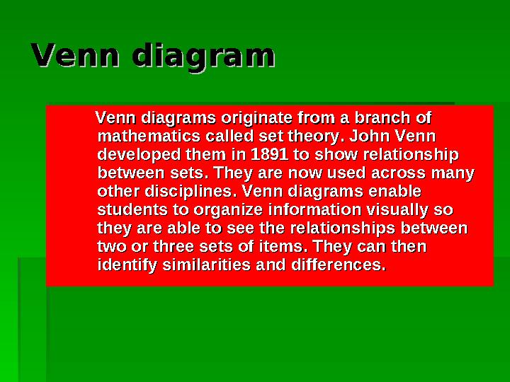 Venn diagram Venn diagram Venn diagrams originate from a branch of Venn diag