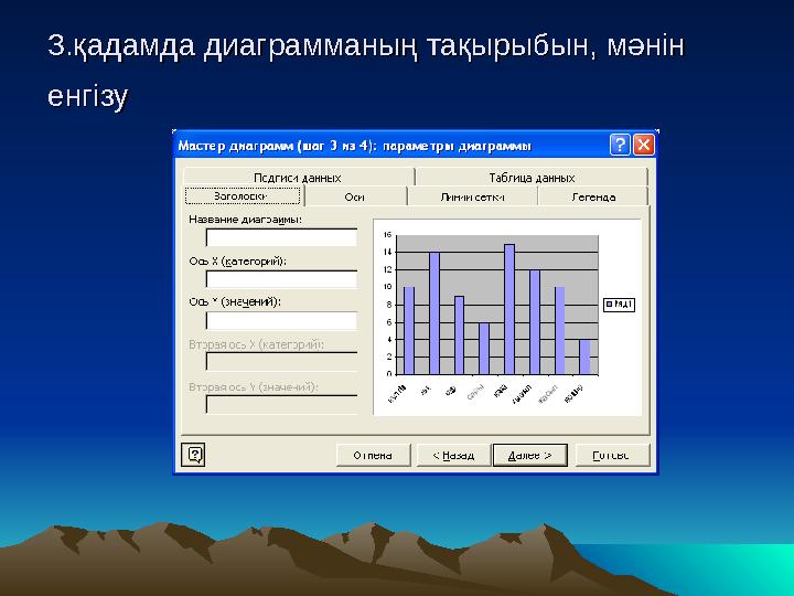 3.қадамда диаграмманың тақырыбын, мәнін 3.қадамда диаграмманың тақырыбын, мәнін енгізуенгізу
