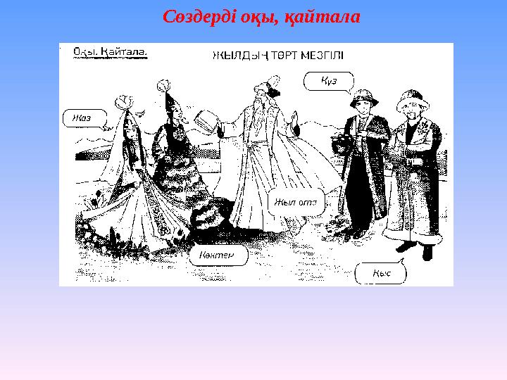 Сөздерді оқы, қайтала Жылдың төрт мезгілі Жаз Күз Қыс Көктем