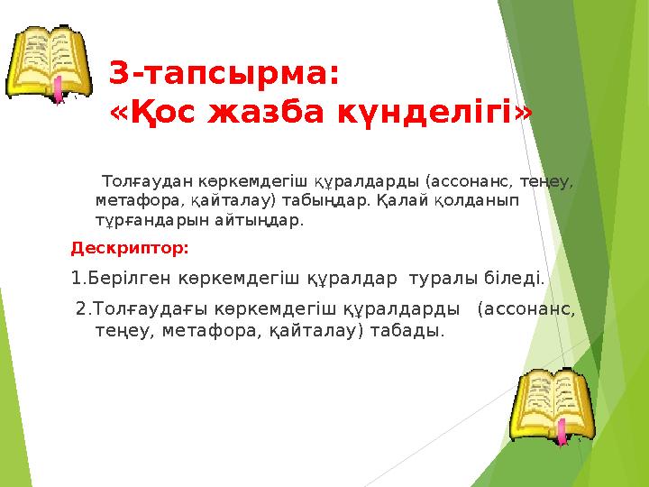 3-тапсырма: «Қос жазба күнделігі» Толғаудан көркемдегіш құралдарды (ассонанс, теңеу, метафора, қайталау) табыңдар. Қал