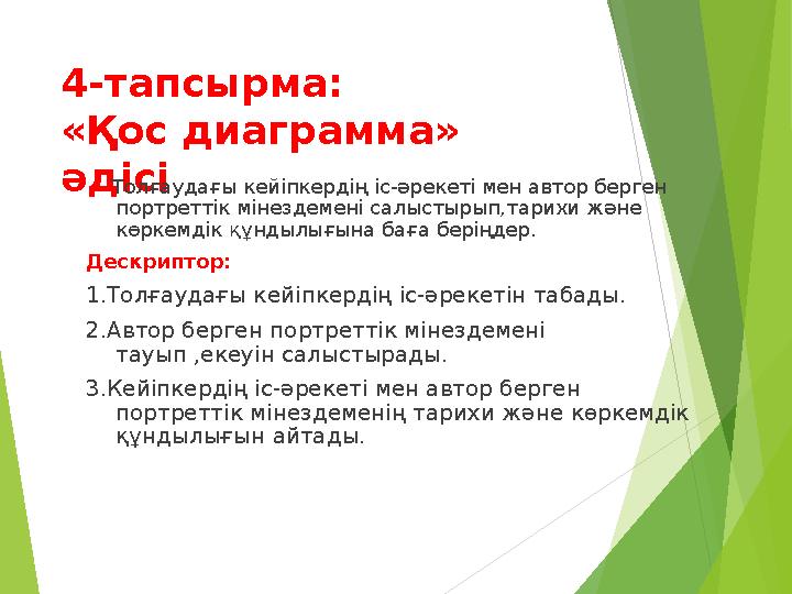 4-тапсырма: «Қос диаграмма» әдісі Толғаудағы кейіпкердің іс-әрекеті мен автор берген портреттік мінездемені салыстырып,т