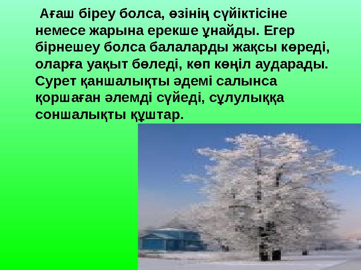 Ағаш біреу болса, өзінің сүйіктісіне немесе жарына ерекше ұнайды. Егер бірнешеу болса балаларды жақсы көреді, оларға уақыт