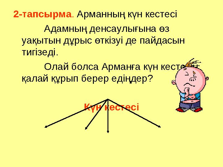 2-тапсырма. Арманның күн кестесі Адамның денсаулығына өз уақытын дұрыс өткізуі де пайдасын тигізеді. Олай болса Арманға күн ке