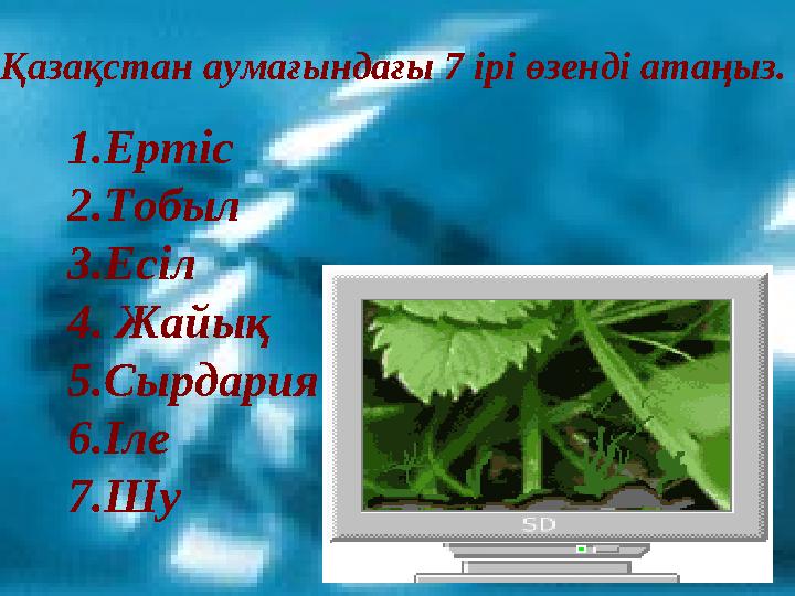 Қазақстан аумағындағы 7 ірі өзенді атаңыз. 1.Ертіс 2.Тобыл 3.Есіл 4. Жайық 5.Сырдария 6.Іле 7.Шу