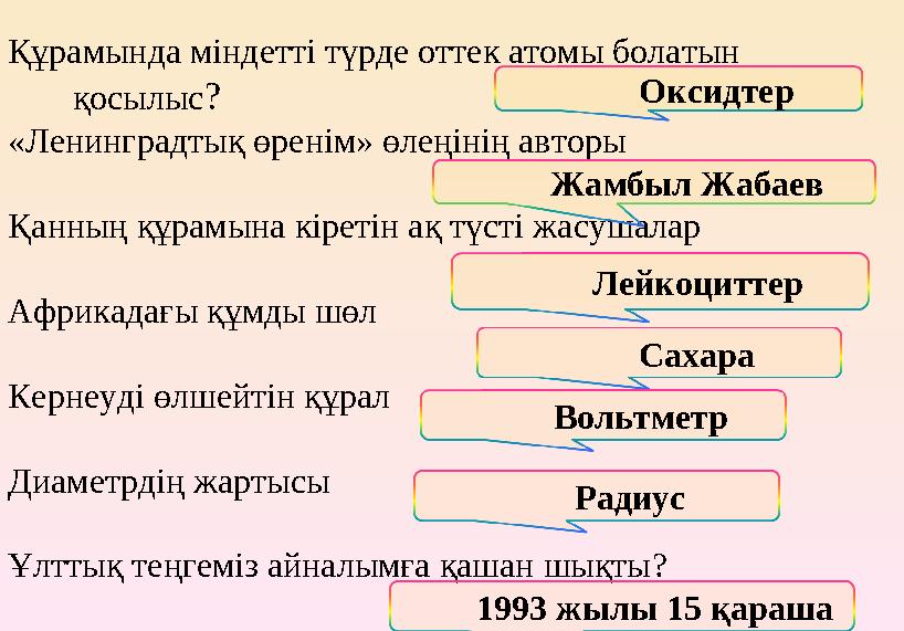Құрамында міндетті түрде оттек атомы болатын қосылыс? «Ленинградтық өренім» өлеңінің авторы Қанның құрамына кіретін ақ түсті ж