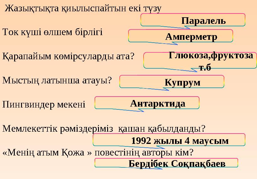 Жазықтықта қиылыспайтын екі түзу Ток күші өлшем бірлігі Қарапайым көмірсуларды ата? Мыстың латынша атауы? Пингвиндер мекені Ме